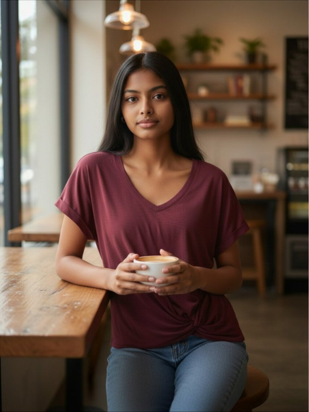 NIC+ZOE Burgundy Short Sleeve Knot-Front V-Neck Top XS